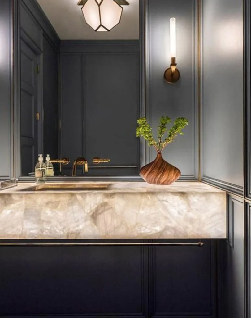 modern black paneled powder room design 1