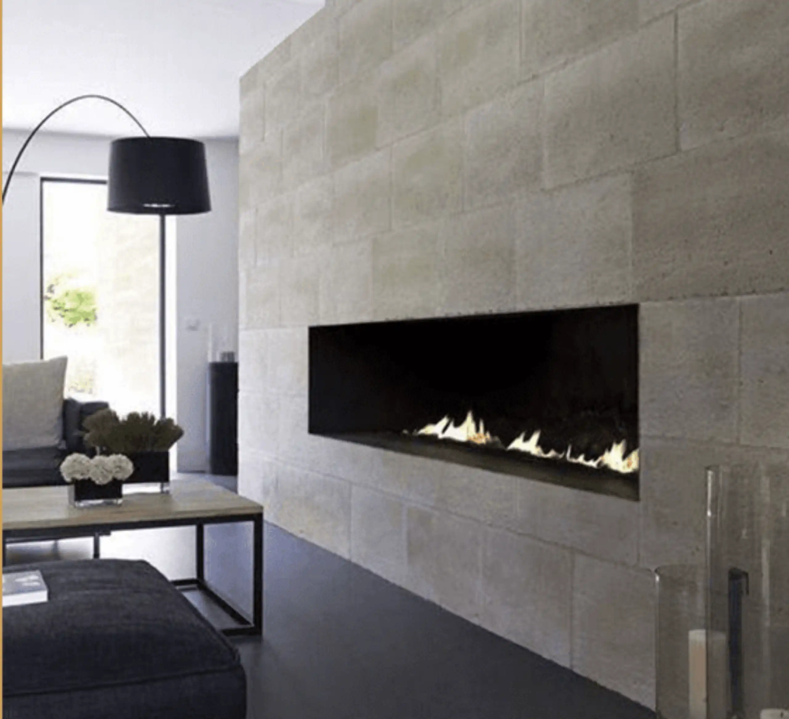 Contemporary Living Area with Beige Limestone Wall-Cladded Fireplace