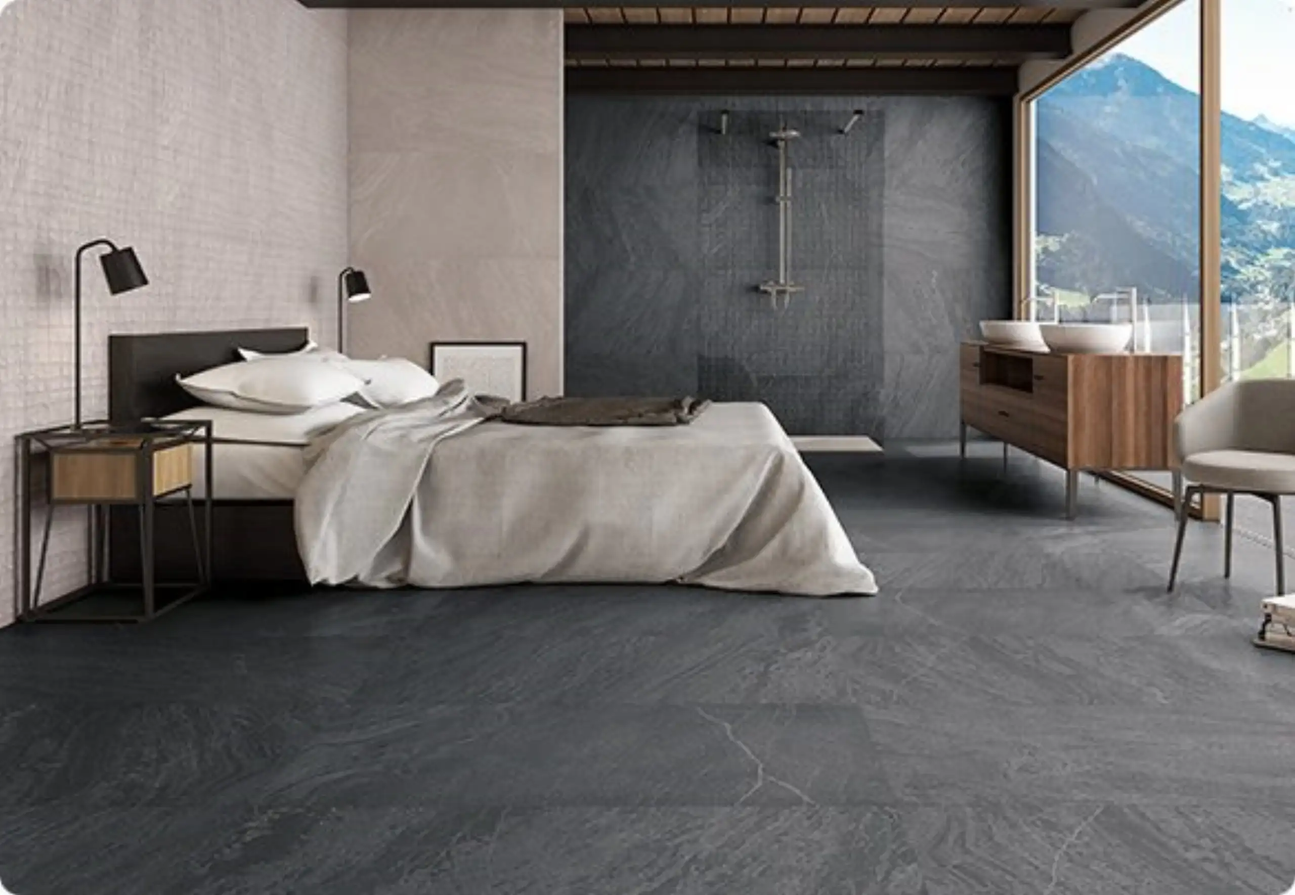 Upscale hotel bedroom with slate walls and flooring