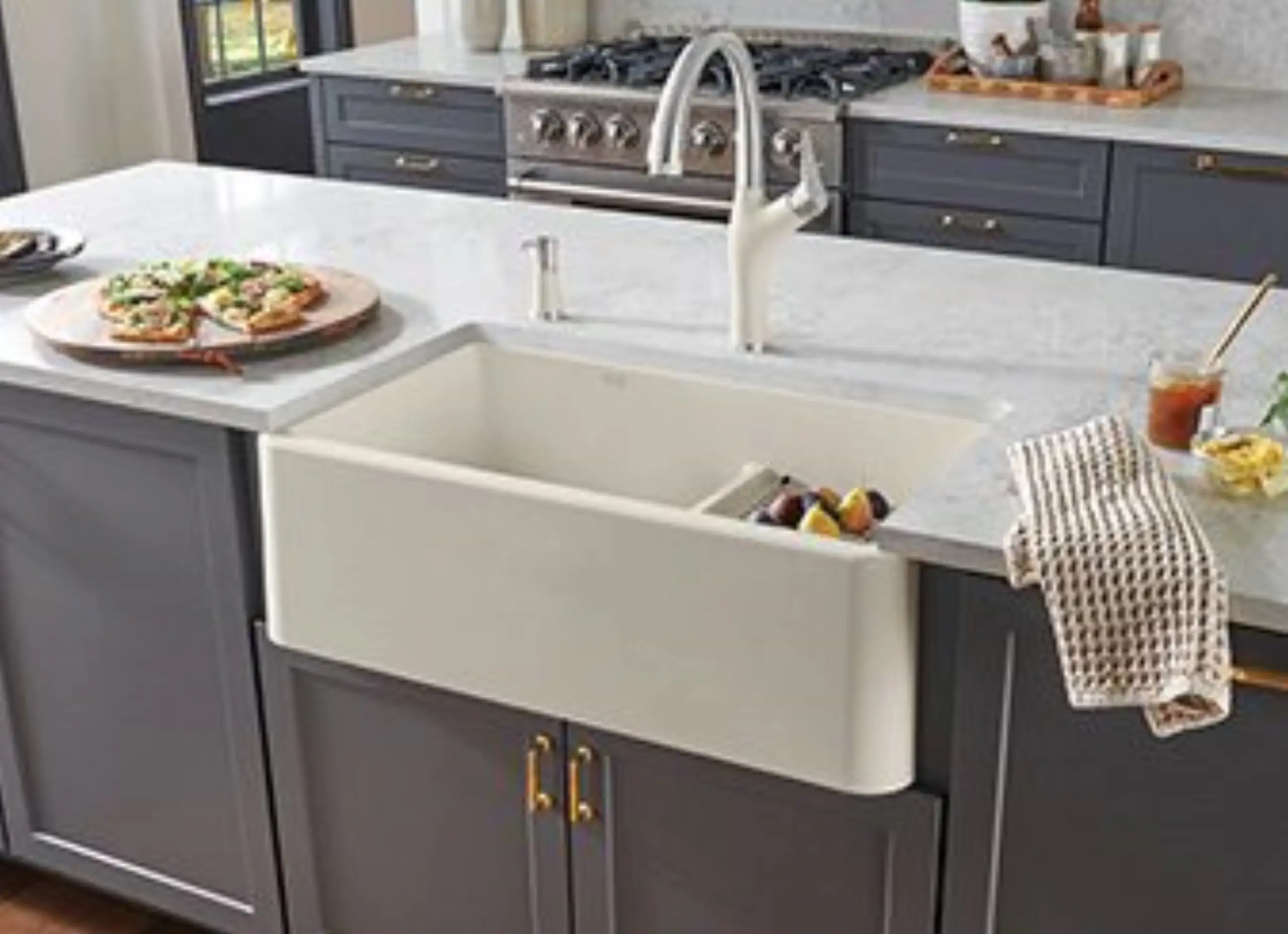 white farmhouse sink