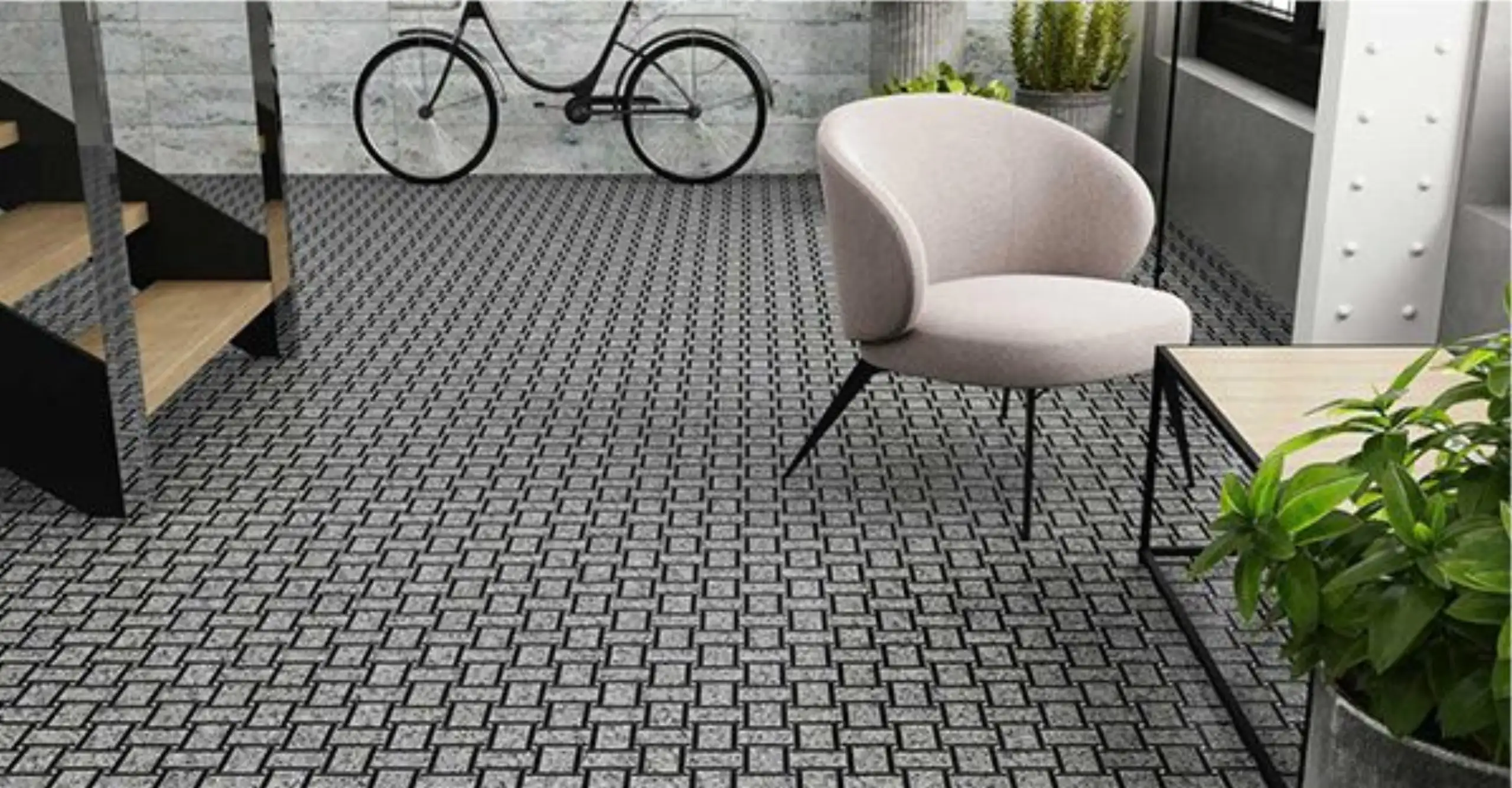 black and gray terrazzo basket weave mosaic tile floor