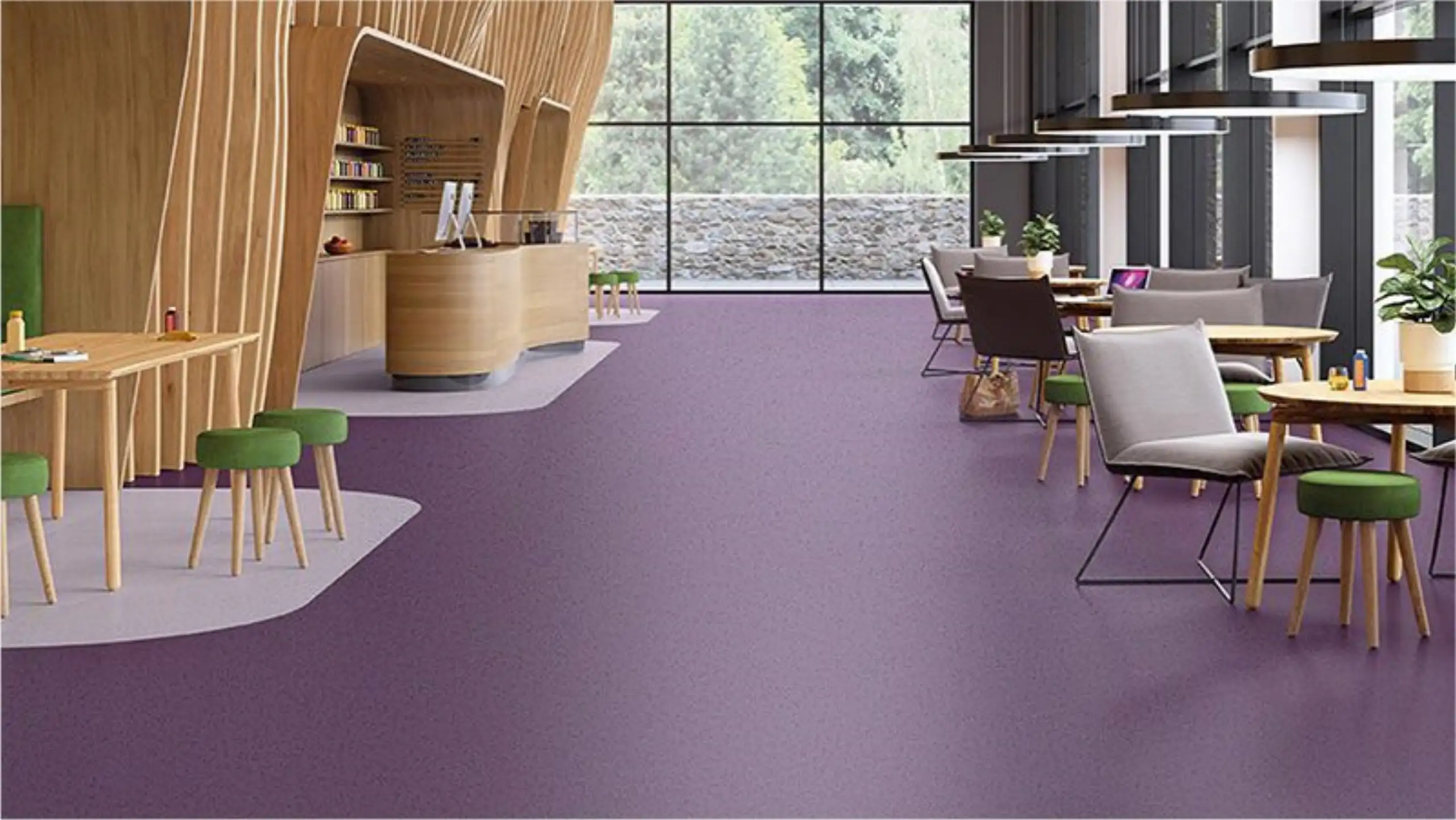 Hotel lobby with purple terrazzo tile floors