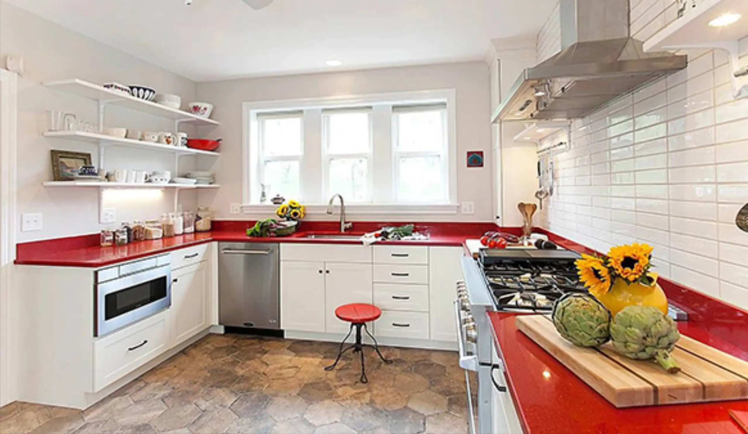 large quartz vicostone sparkling red installed photo